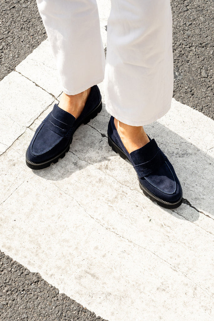 Patricia Green Women's Vince Lug Sole Penny Loafer in Navy Suede