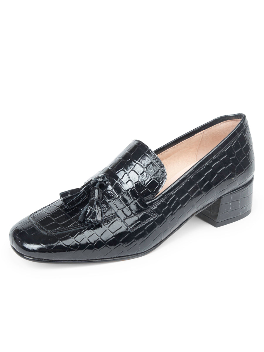 Patricia Green Women's Beckham Block Heel Tassel Loafer in Black Patent Croc Patricia Green Women's Beckham Block Heel Tassel Loafer in Black Patent Croc
